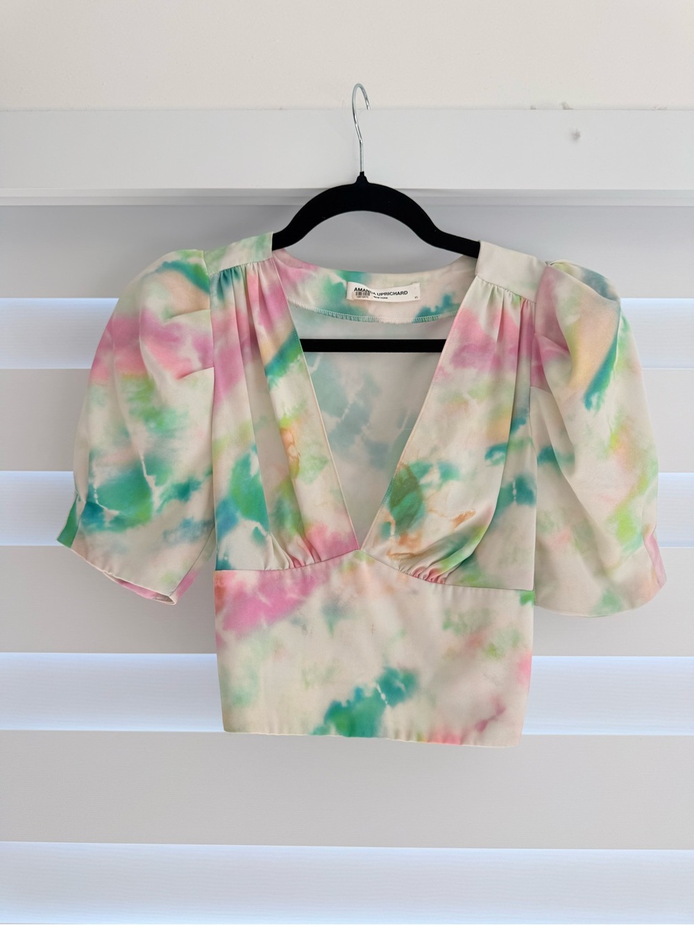 Amanda Uprichard Pastel Tie-Dye V-Neck Puff Sleeve Crop Top in Pink, Green, Blue